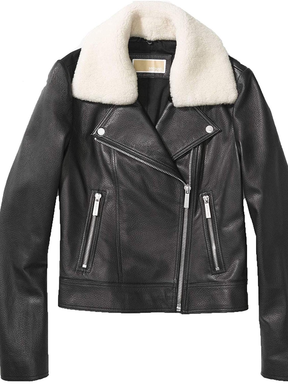 MICHAEL Michael Kors Black Leather Biker Jacket w/ Cream Shearling Collar Size M